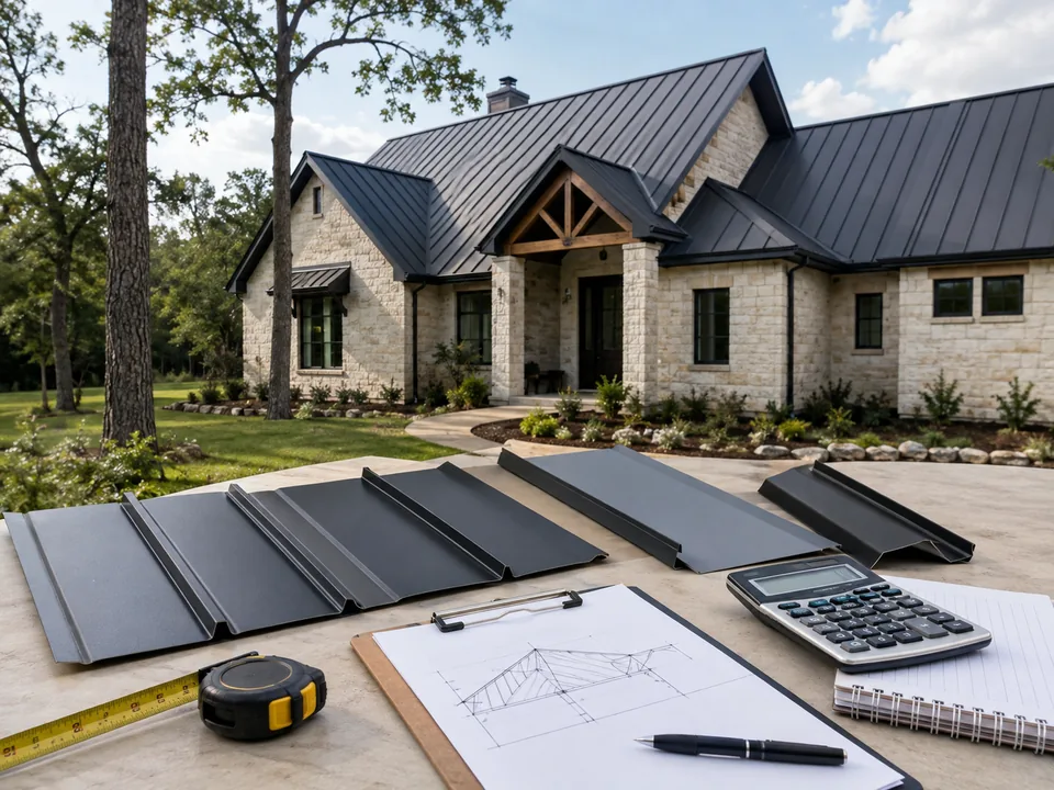 Standing-seam metal roof panel samples, a tape measure, a roof plan sketch and a calculator laid out in front of a stone home with a dark metal roof.