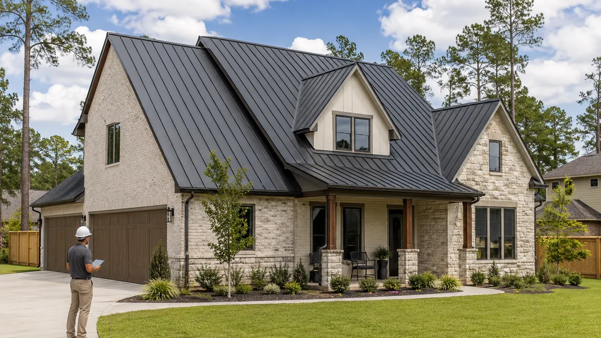 Two-storey brick and stone home with a dark charcoal standing seam metal roof, with a roofer in a hard hat reviewing notes on the driveway