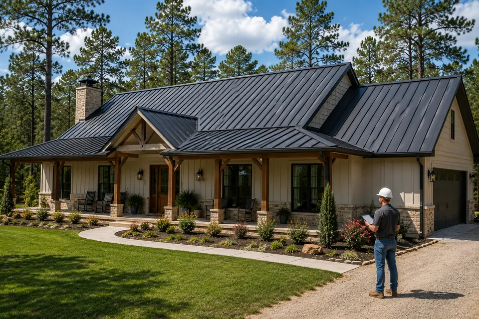 Single-storey ranch style home with a wide dark standing seam metal roof and a deep timber-post porch