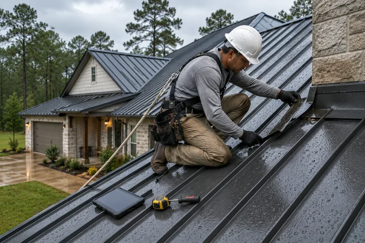Roofer checking the metal flashing where a standing seam roof meets a stone chimney after rain