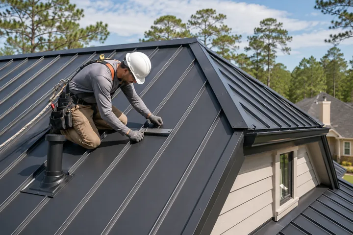 Roofer kneeling on a dark standing seam roof, fitting a metal clip along a raised seam beside a pipe vent