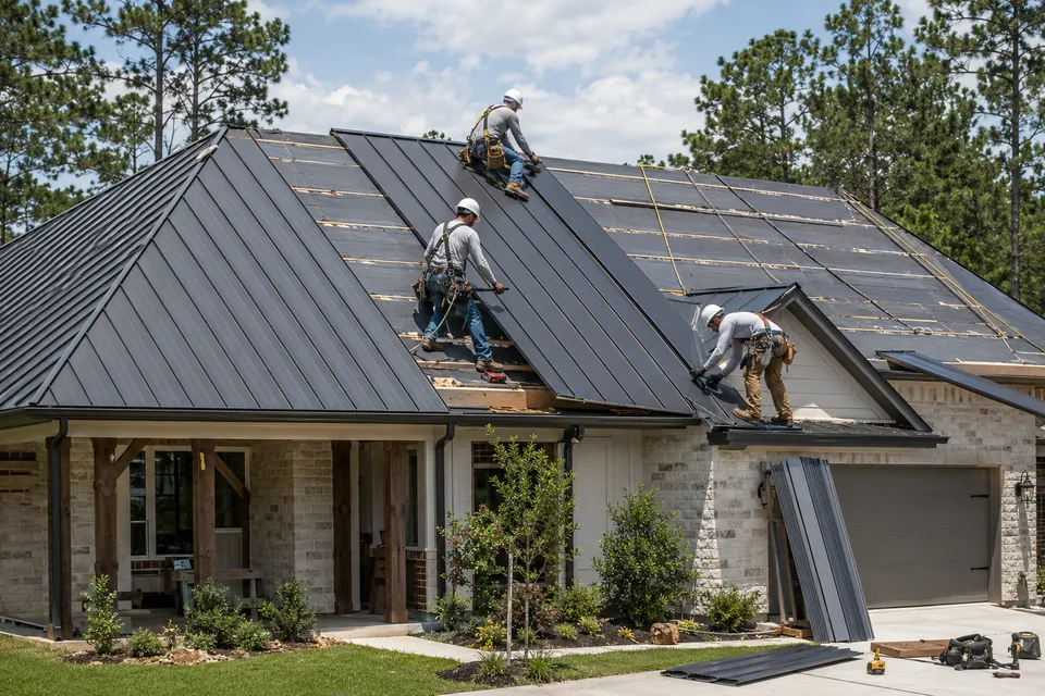 Three roofers in hard hats and safety harnesses fastening dark standing seam metal panels across a residential roof