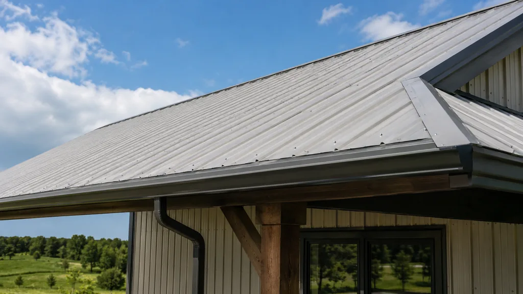 Exposed-fastener metal roof panels meeting the eave, gutter and downspout above a timber porch post.