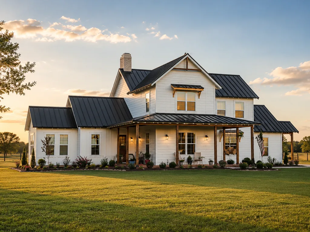 Two-story white farmhouse with a black metal roof and a wrap-around porch at sunset.