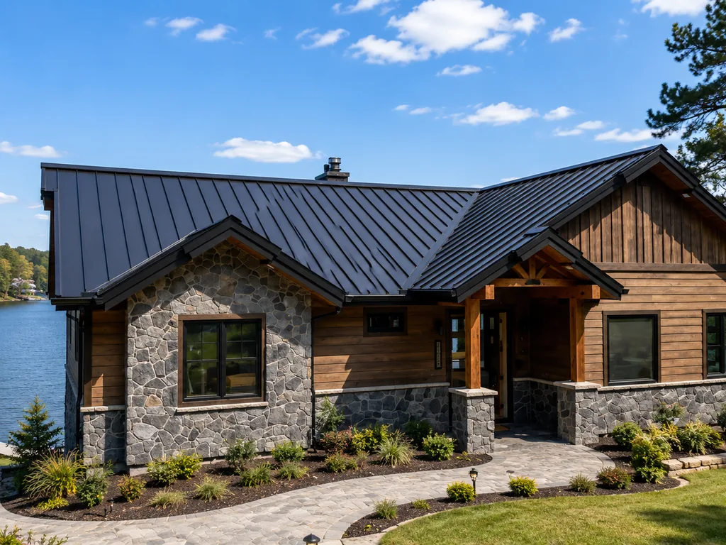 Stone and timber lakeside home with a dark standing-seam metal roof beside the water.