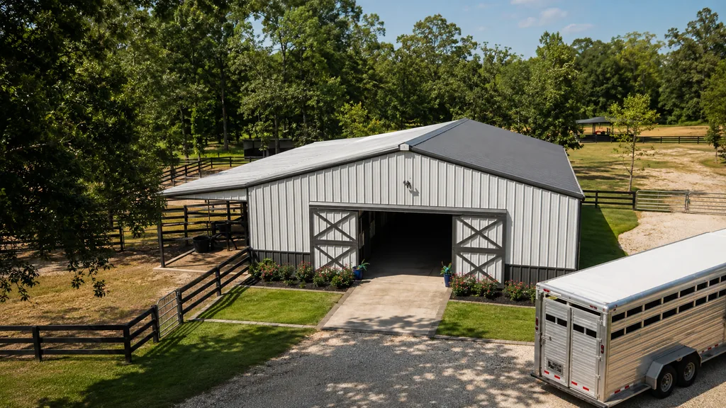 Gray metal barn with a dark metal roof and an open equipment bay beside a fenced paddock.