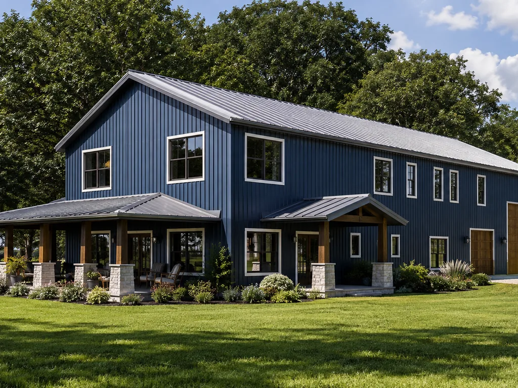 Large blue barn-style building with a dark metal roof and a covered porch under mature trees.