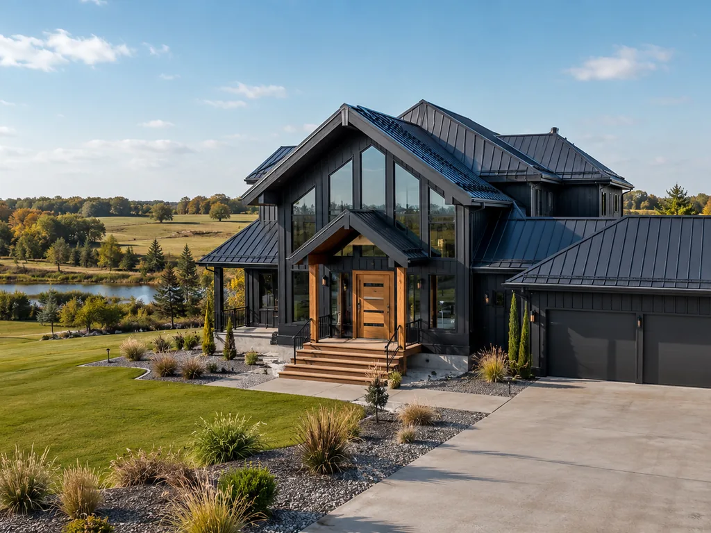 Modern dark-clad home with a matching dark standing-seam metal roof beside open water.