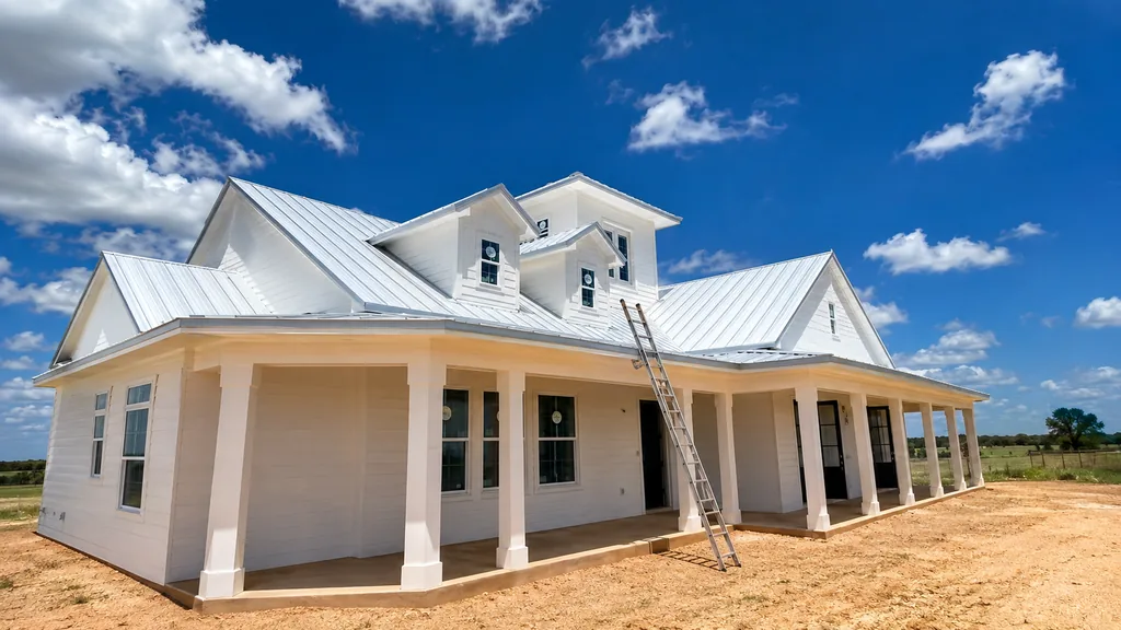 White farmhouse with a light metal roof and a wrap-around porch, a ladder resting against the eave.
