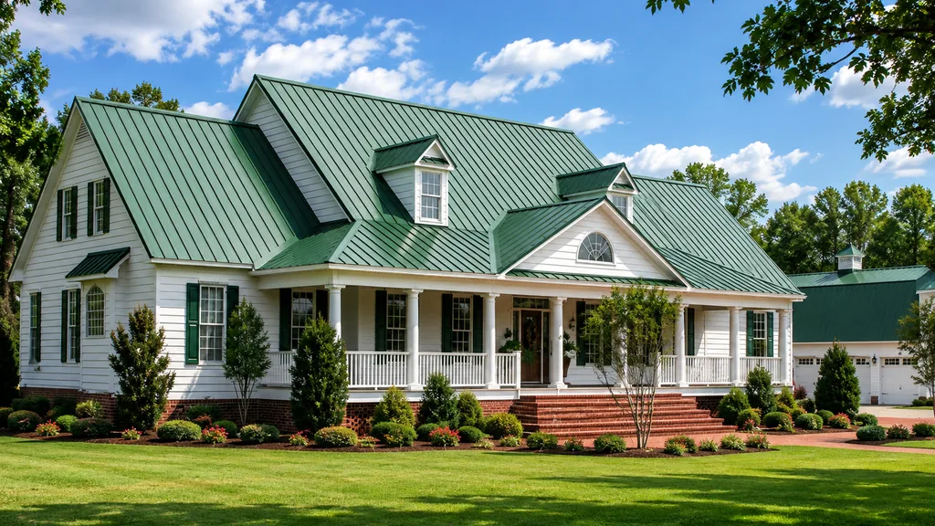 White house with a green standing-seam metal roof, front columns and dormer windows.