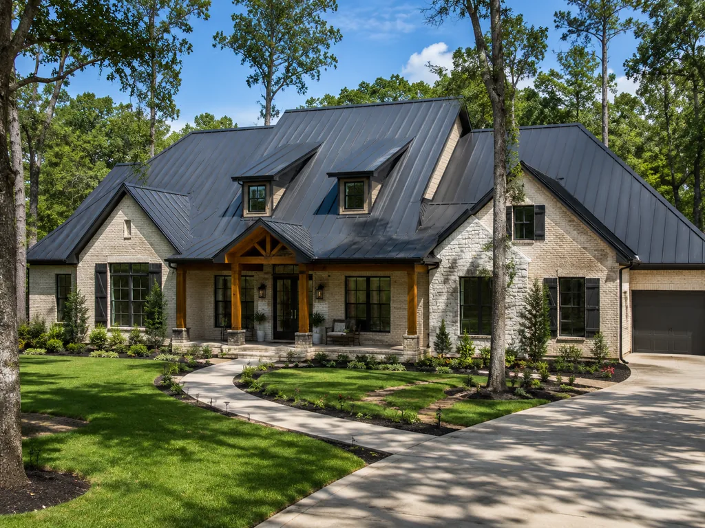 Brick home with a dark standing-seam metal roof, dormer windows and a timber entry porch.