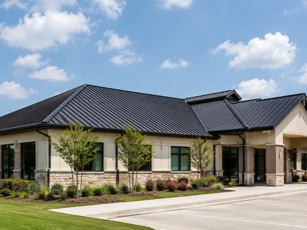 Low-rise commercial building with a dark standing-seam metal roof, brick and stone walls and a landscaped parking area.