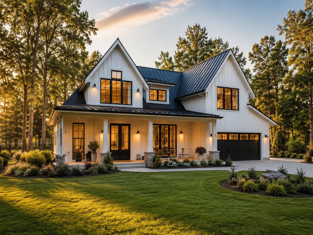 Two-story white home with a dark standing-seam metal roof, lit by evening sun through tall trees.