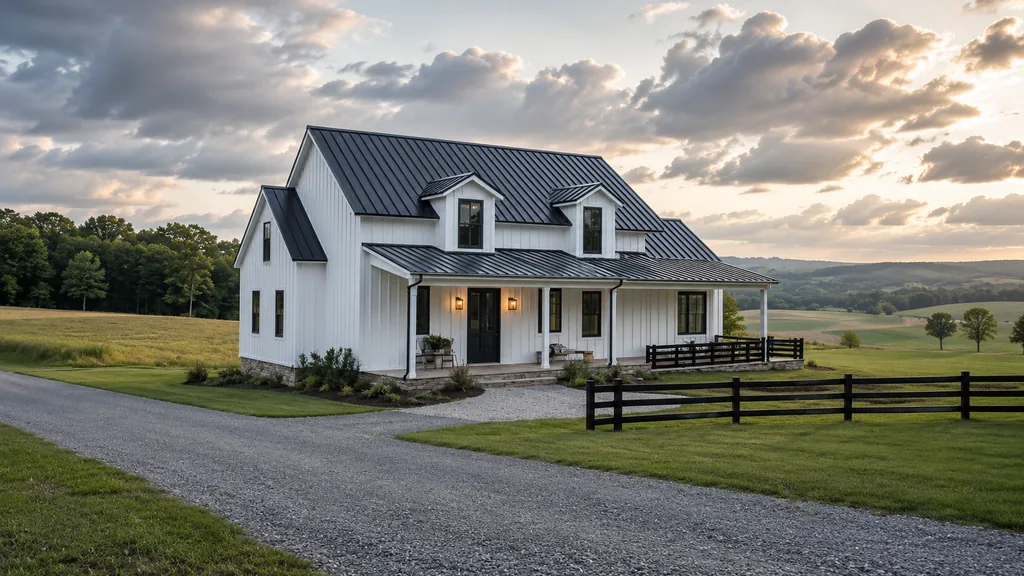 White farmhouse with a black standing-seam metal roof and a gravel drive under a cloudy sky.
