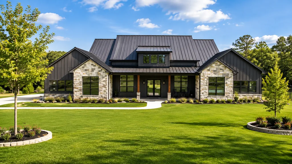 Wide single-story home with stone accents and a dark standing-seam metal roof.