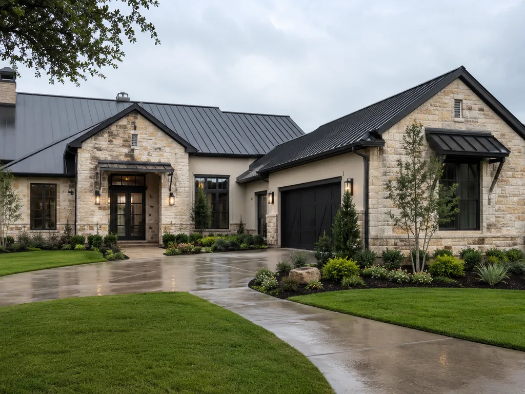 Single-story stone home with a dark standing-seam metal roof and a wet driveway after rain.