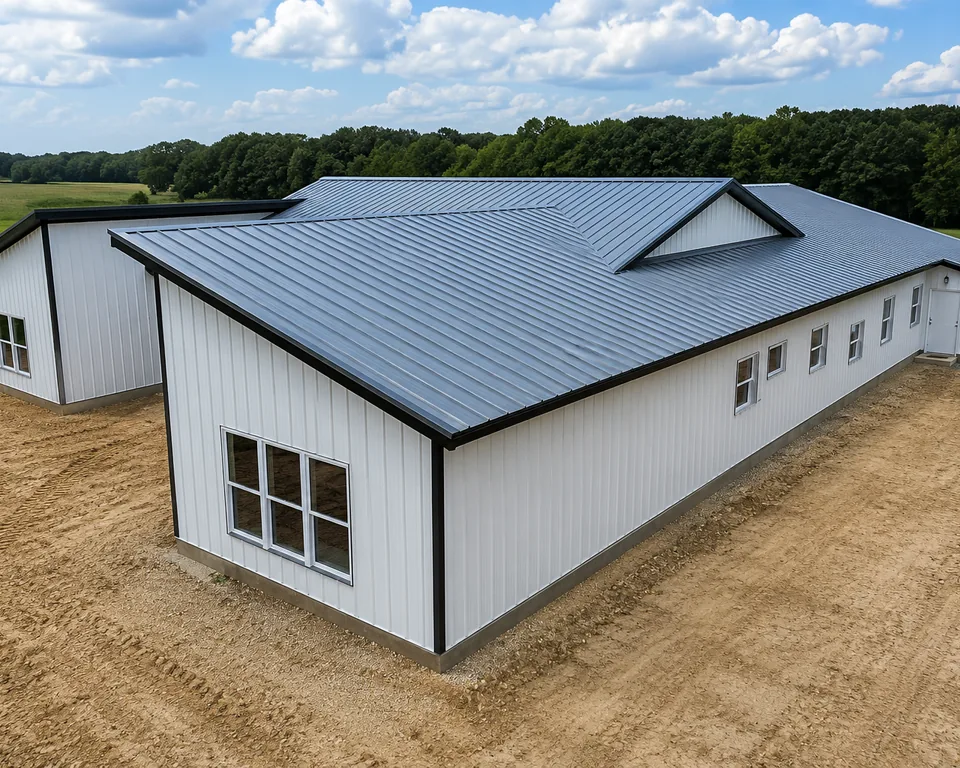 White light-commercial pole building with a dark grey metal roof and a gravel yard