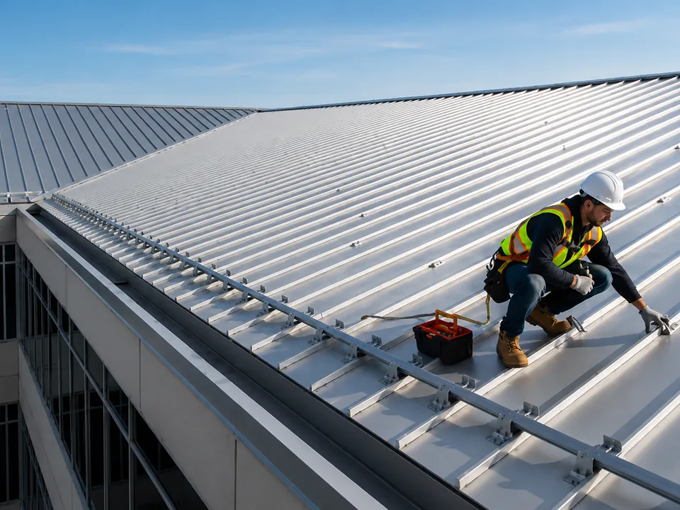 Technician in a hard hat and safety vest kneeling on a commercial standing seam metal roof beside a toolbox