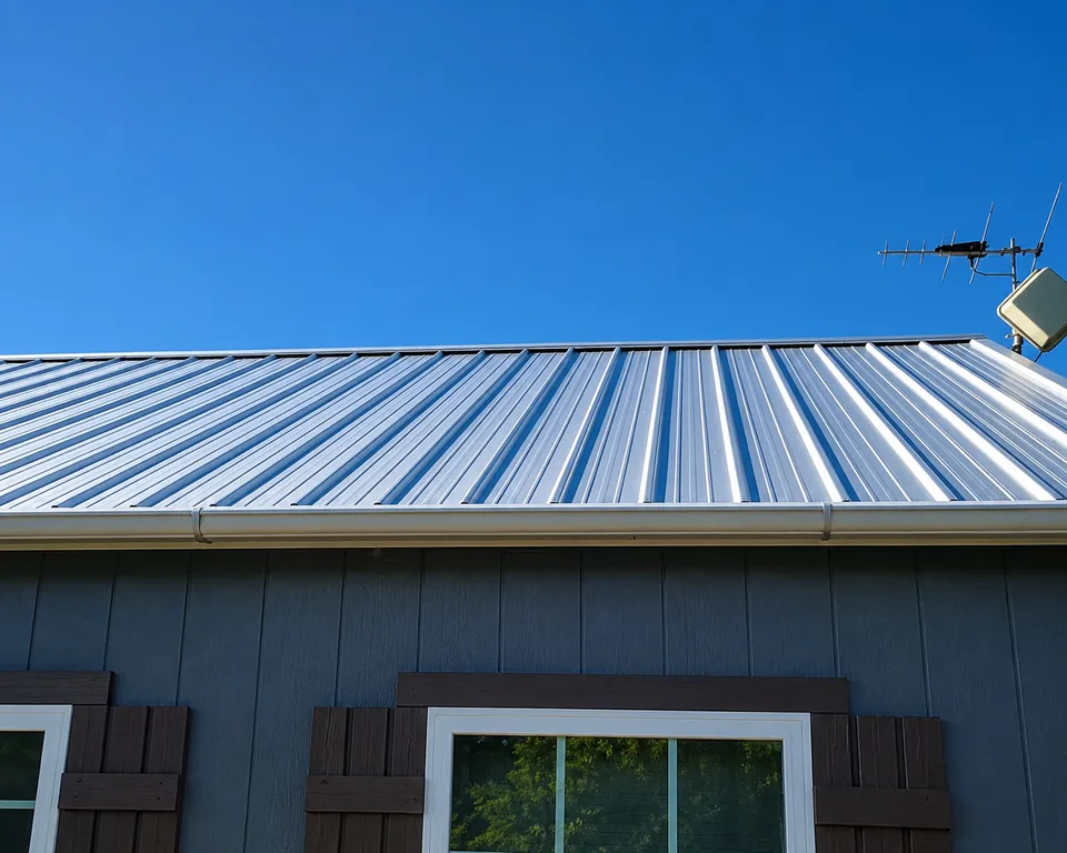 Low angle view along the ribbed metal roof panels and eave of a grey building
