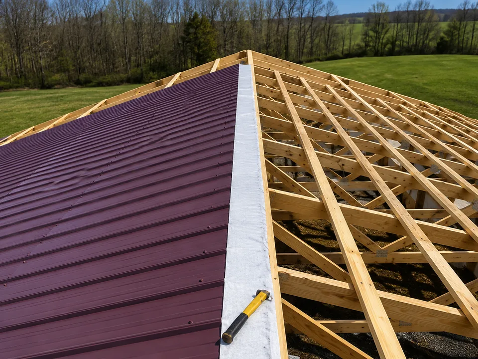 Dark red metal roofing panels being installed over new timber rafters and underlayment