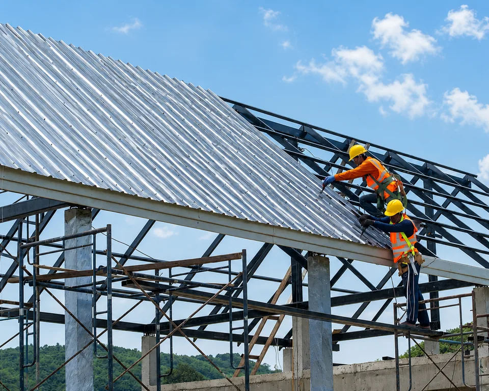 Two roofers in hard hats and high-visibility vests fitting metal roof panels to a steel frame building
