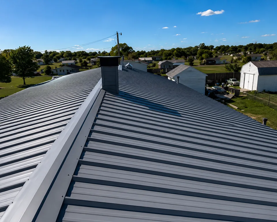 Close aerial view of a grey ribbed metal roof and brick chimney above a suburban street