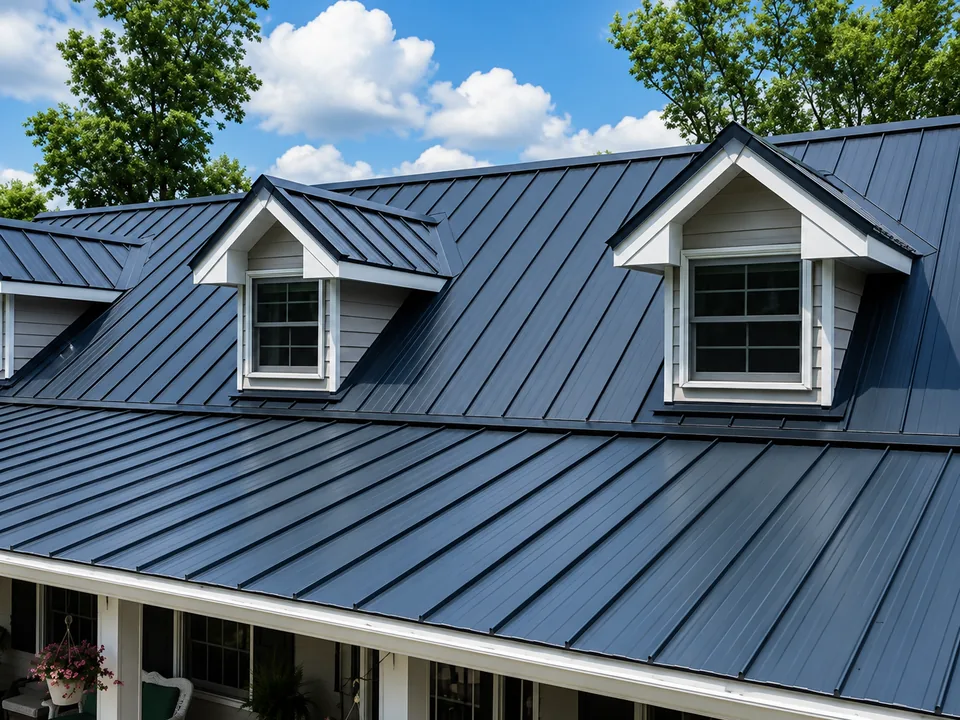Charcoal standing seam metal roof on a house with two white dormer windows and a covered porch