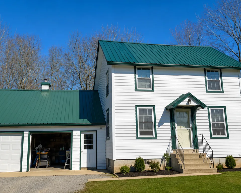 White two-storey farmhouse and matching garage with green standing seam metal roofs