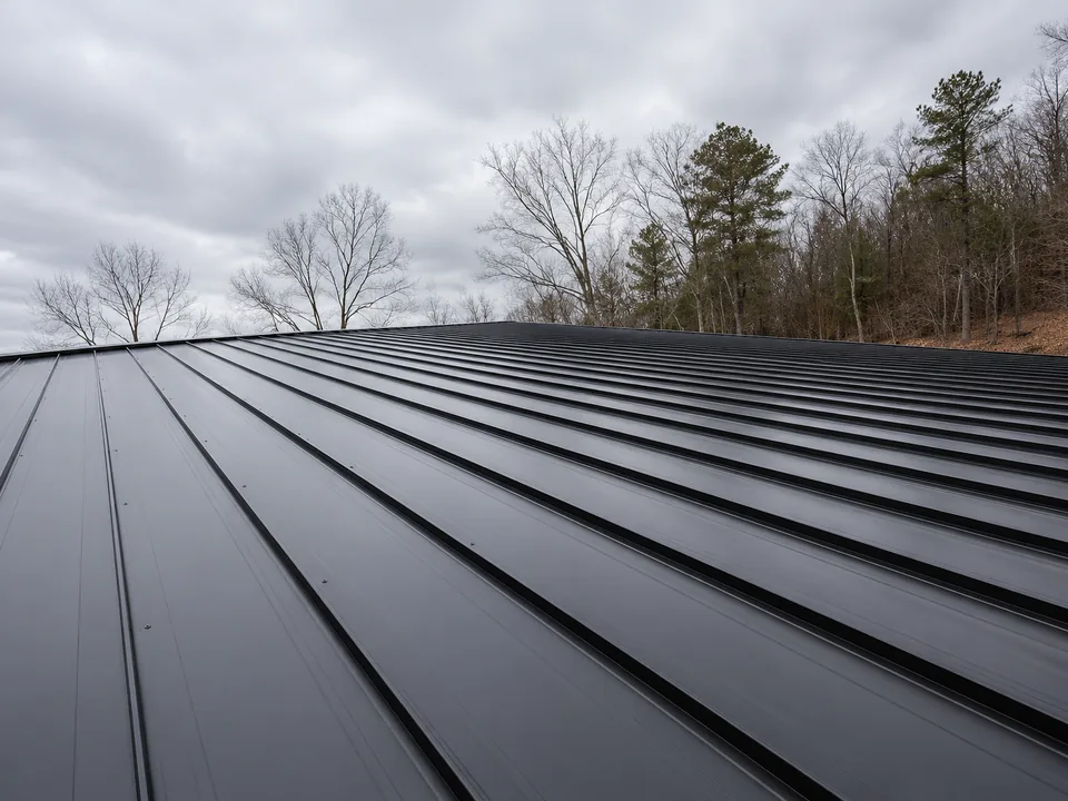Charcoal standing seam metal roof panels running toward the ridge under an overcast sky