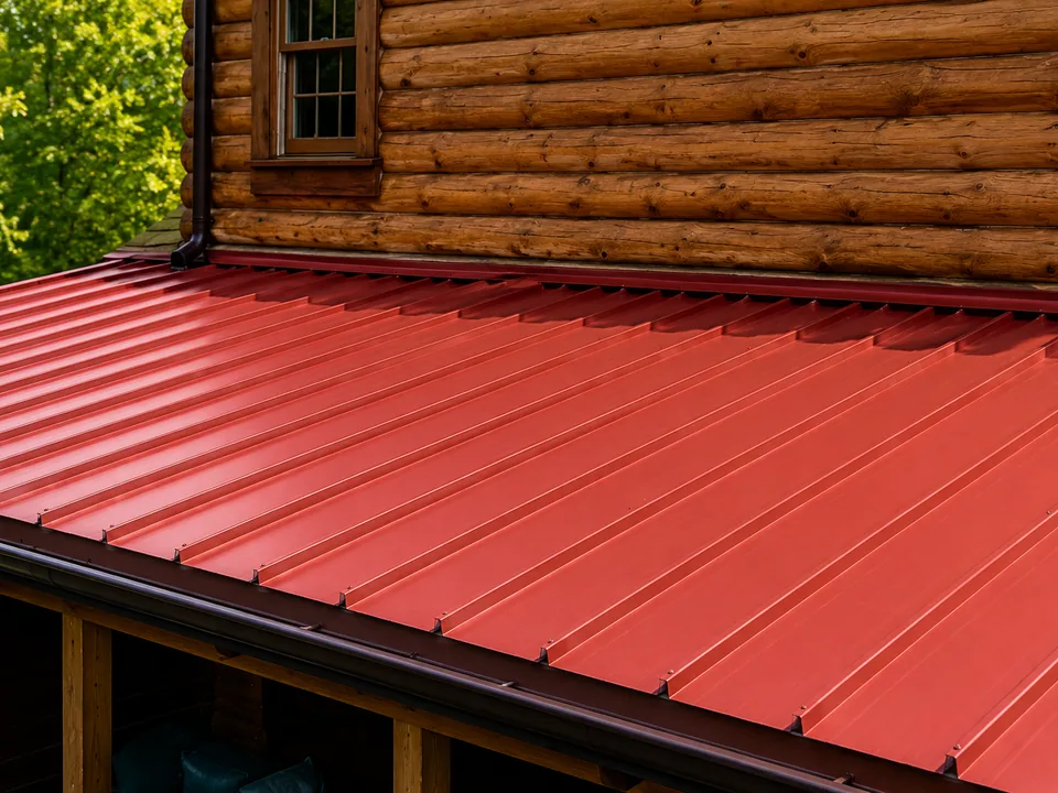 Red standing seam metal roof with raised interlocking seams on a timber log building