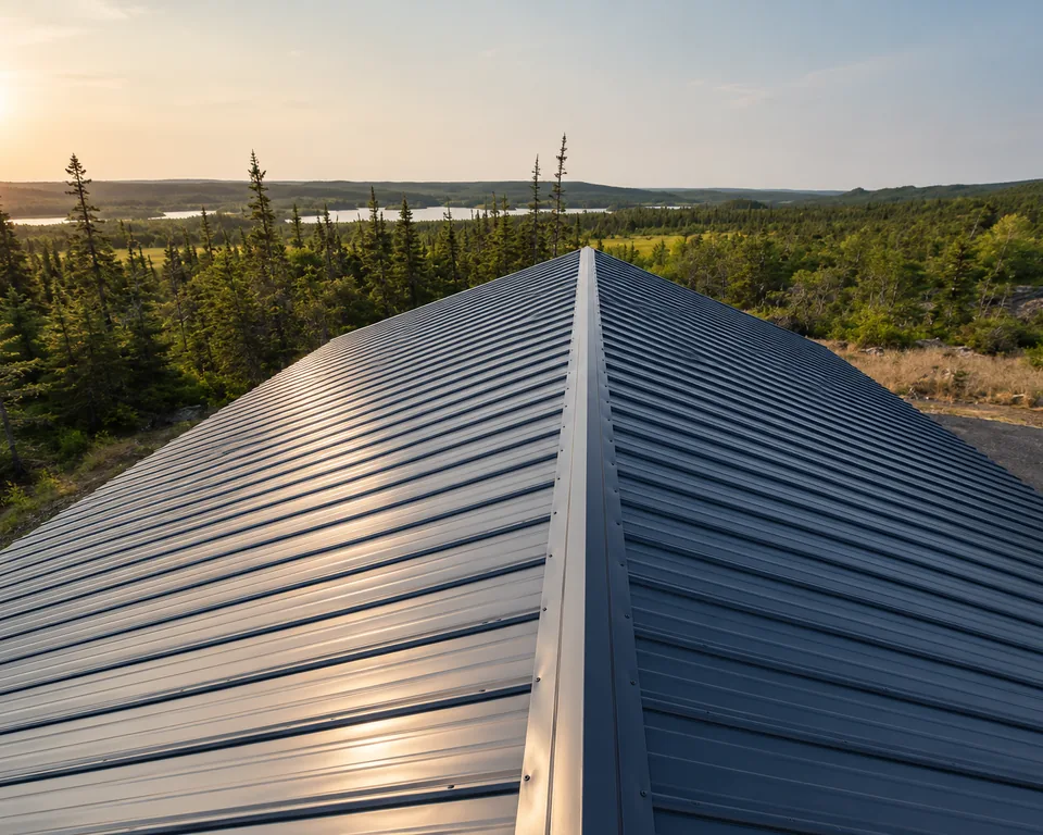 Charcoal standing seam metal roof running up to the ridge, photographed at dusk over open countryside