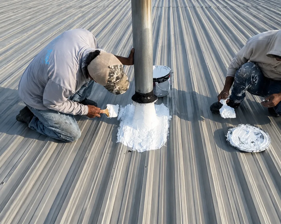 Two workers sealing the flashing around a pipe penetration on a metal roof